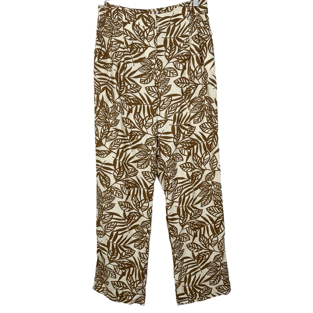 House of Harlow 1960 Cream Tan Leaf Print Linen Pleated Straight Leg Pants